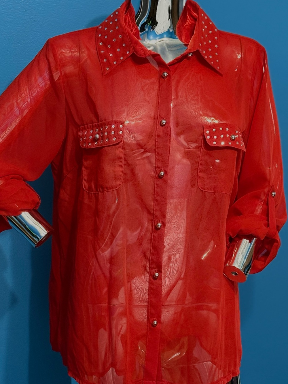 Cato Red Sheer Silver Studded Button-Front Blouse Button Down with Rhinestones L